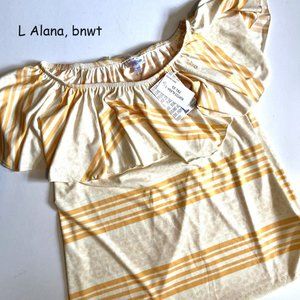 Large Lularoe Alana ruffled top, resort collection, apricot orange stripes